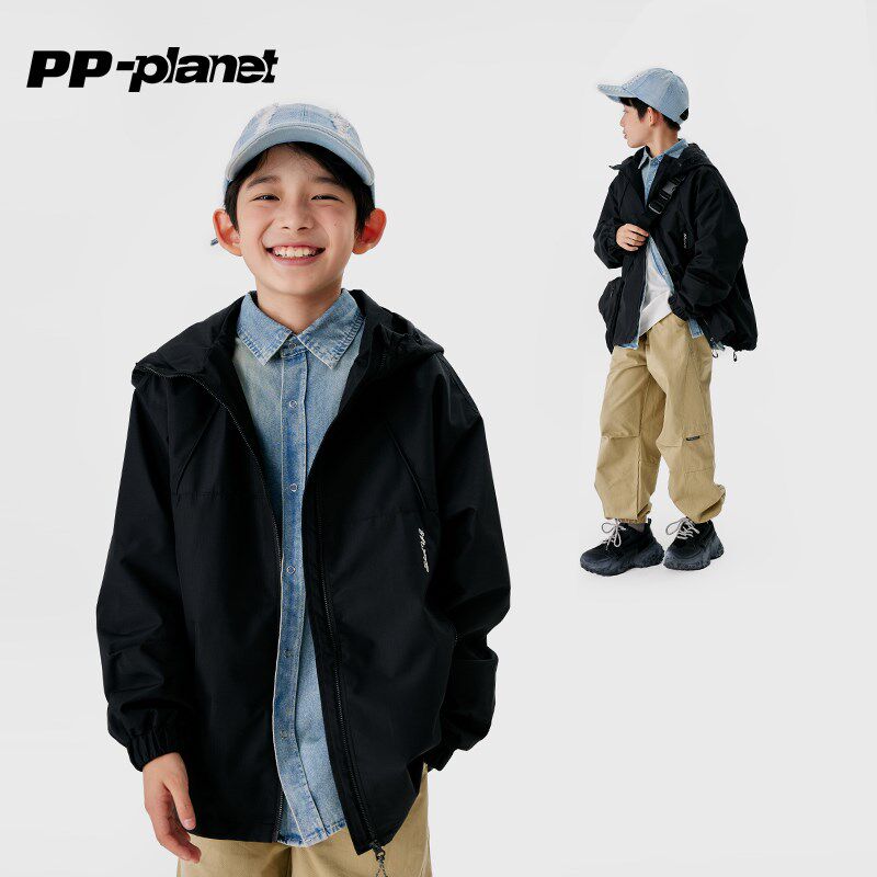 PP星球男童新户外休闲工装外套中大童上衣儿童秋款连帽夹克衫