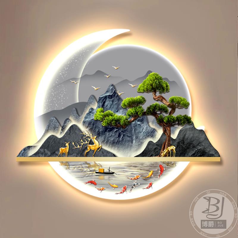 新中式玄关装饰画入户正对门山水画带灯走廊过道挂画迎客松壁画