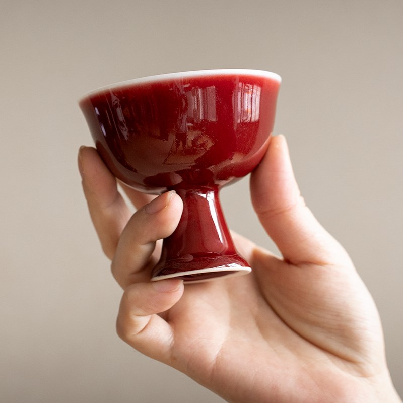 琅红仿宋高脚杯 主人杯茶杯陶瓷茶具品茗杯女霁红高档单个高足杯