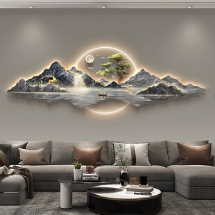 灯光画客厅装饰画有靠山流水生财高端大气LED挂画沙发背景墙壁灯