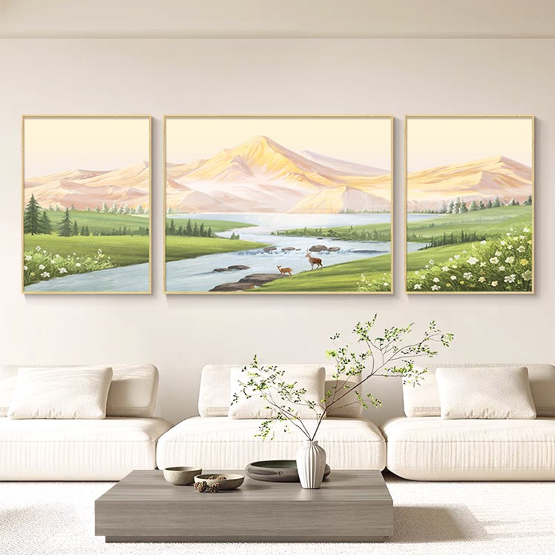 山水画客厅装饰画手绘大芬油画村沙发背景墙挂画高档风景三联壁画