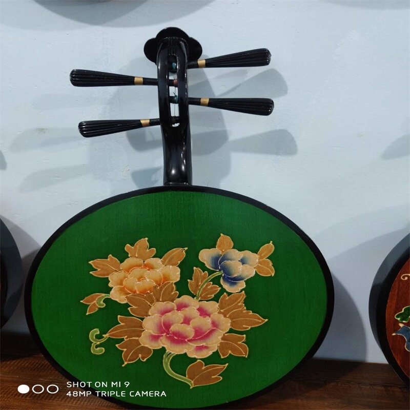 藏式彩绘京剧月琴乐器复古装饰摆件挂件花鸟富贵牡丹荷花龙凤狮子