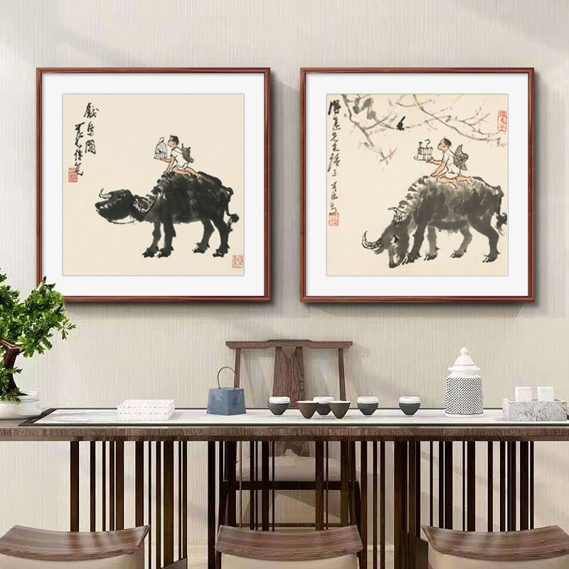 国画新中式玄关装饰画李可染水墨山水画客厅书房挂画斗方形牧牛图