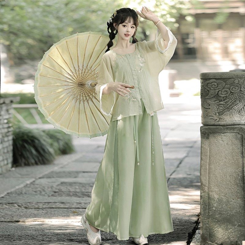 休闲裤女夏国风汉元素宋裤日常薄款吊带上衣新中式阔腿裤长裤套装