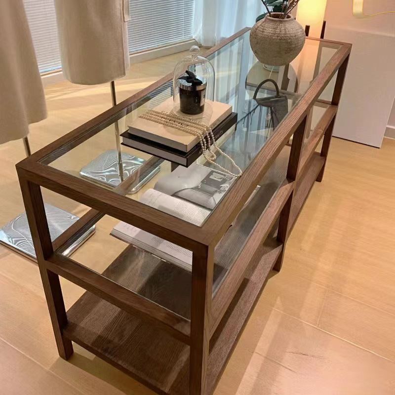 网红服装店胡桃色全实木中岛柜置物架陈列中间摆台饰品展示架玻璃