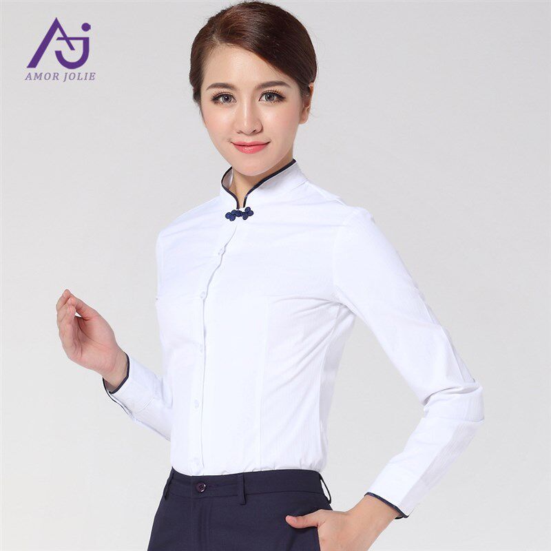 航空姐制服职业衬衫女短袖复古盘扣上衣立领修身衬衣酒店工作服