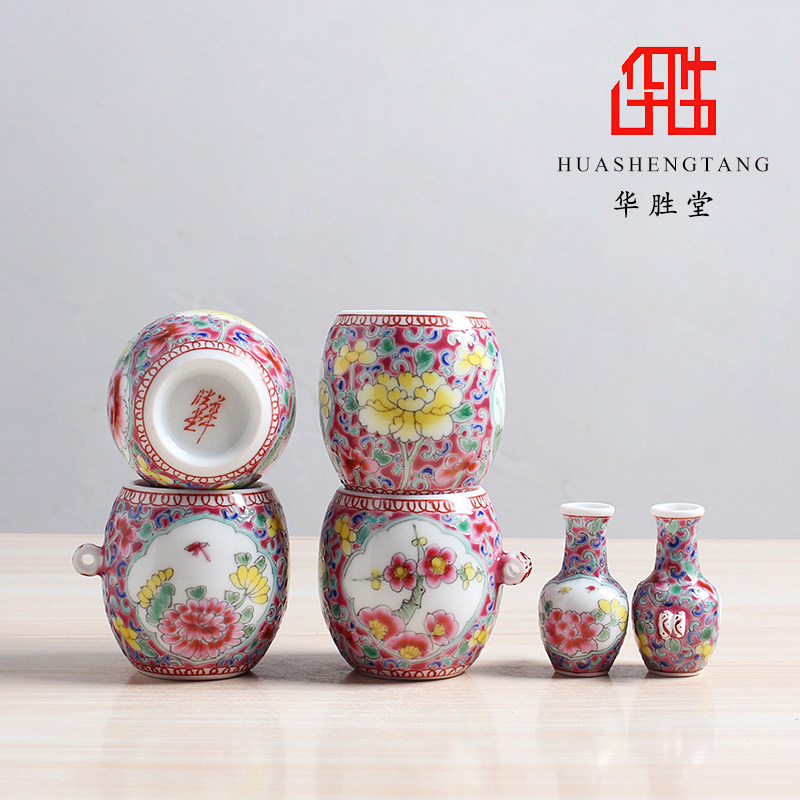 华胜堂 景德镇手绘粉彩四季花图案六件套鸟食罐麻料杯鸟笼配