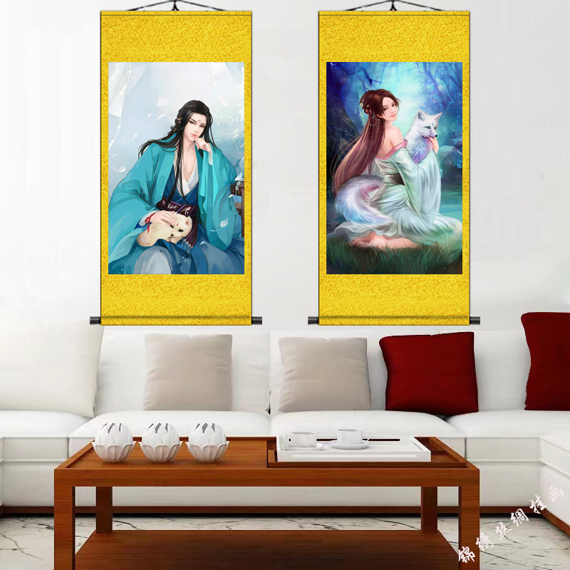 九尾白狐画像男女款定制九尾狐丝绸卷轴挂画胡九霄古风装饰挂画