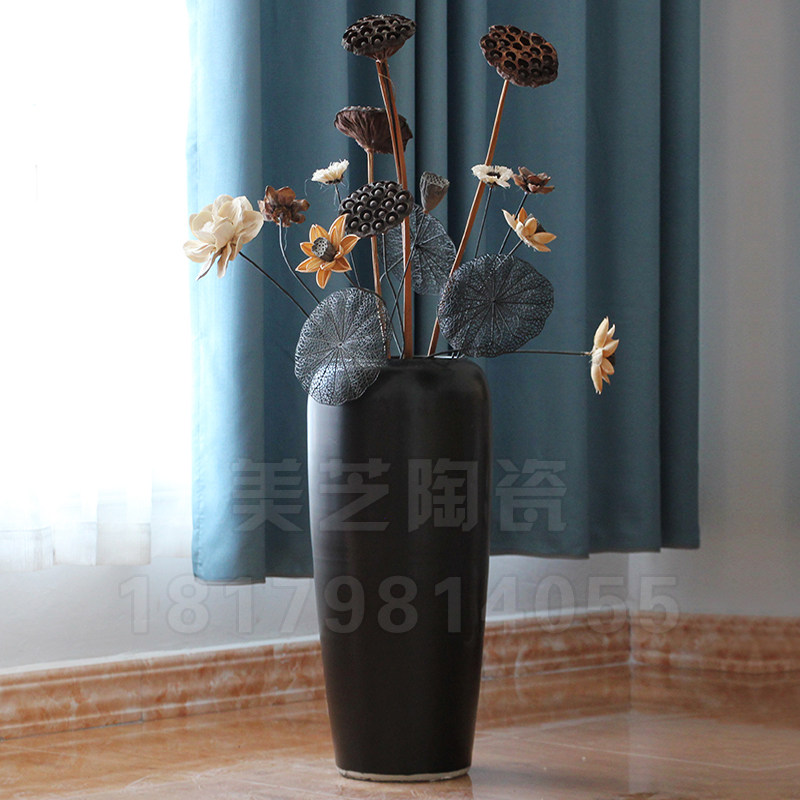 酒店新中式黑色陶瓷落地大花瓶客厅干枝花器陶瓶陶罐花艺组合陶缸