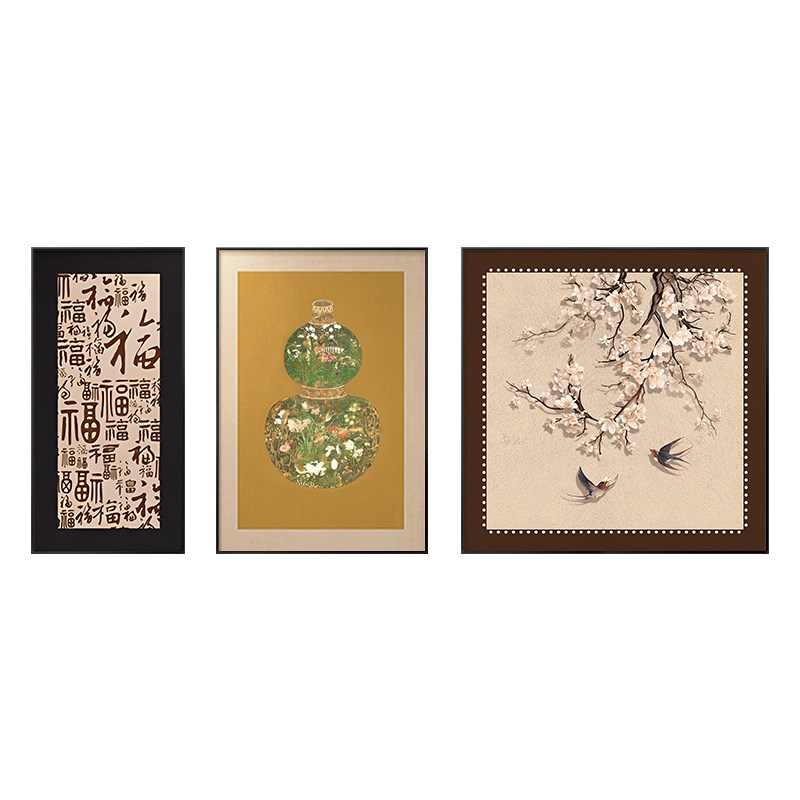 中古风客厅沙发背景墙装饰画复古高级感组合画花鸟挂画百福图壁画