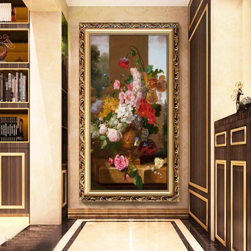 欧式家居装饰画油画玄关牡丹挂画走廊花墙画古典带框壁画竖版定做
