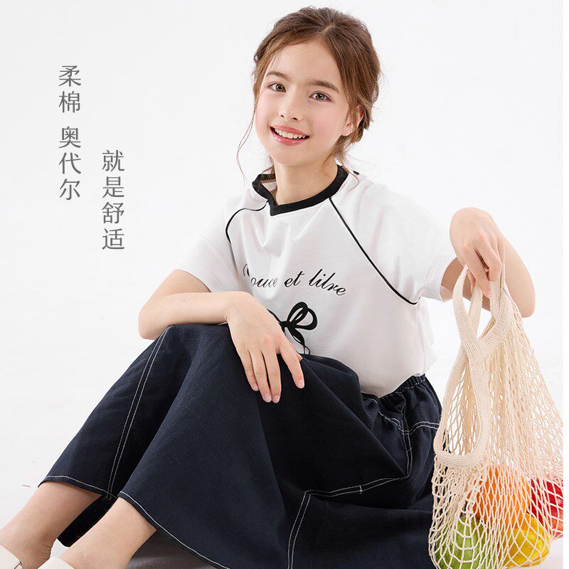 女童短袖t恤夏季2025新款儿童薄款上衣洋气大童打底衫白色棉童装