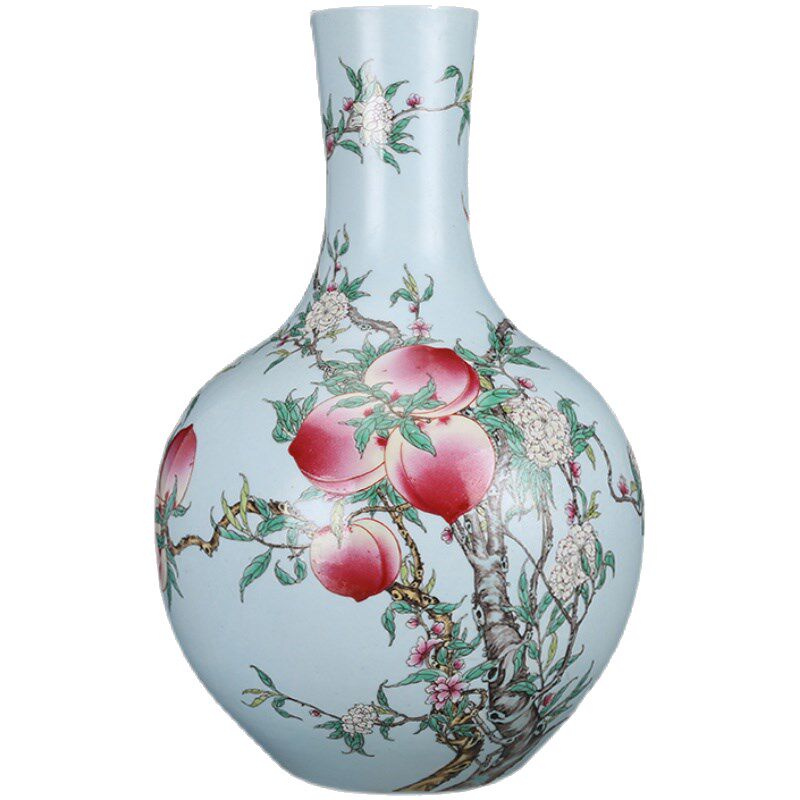 花瓶清雍正瓷器粉彩九桃天球瓶仿古瓷器古董古玩老货收藏陶瓷花瓶