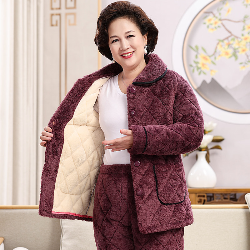 睡衣女秋冬季珊瑚绒夹棉三层加厚加绒妈妈中老年人家居服套装冬款