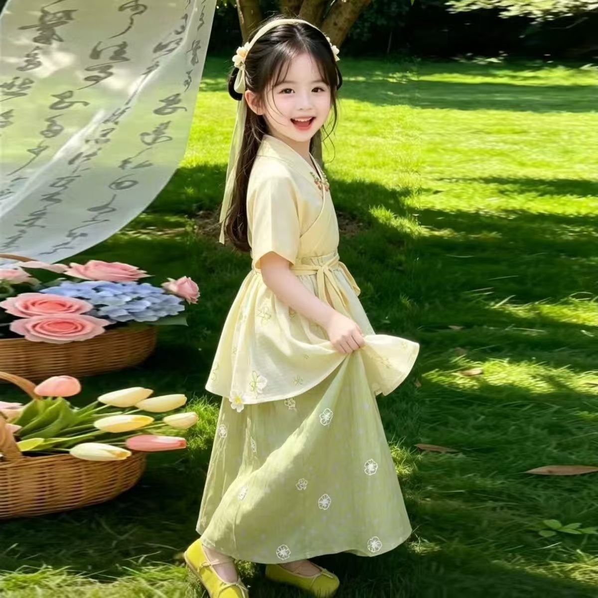 女童夏季新中式改良汉服裤套装图片
