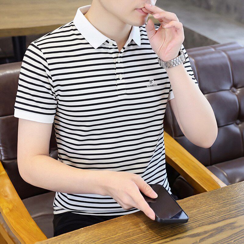 条纹翻领短袖T恤男薄修身POLO衫