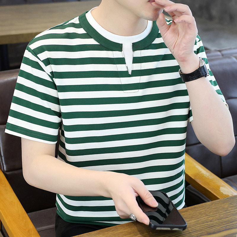 夏季新款男士绿白条纹短袖T恤小V假领口休闲冰丝半袖青年百搭上衣