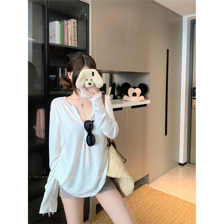 白色慵懒风长袖宽松T恤女秋季休闲薄款防晒罩衫纯色显瘦百搭上衣