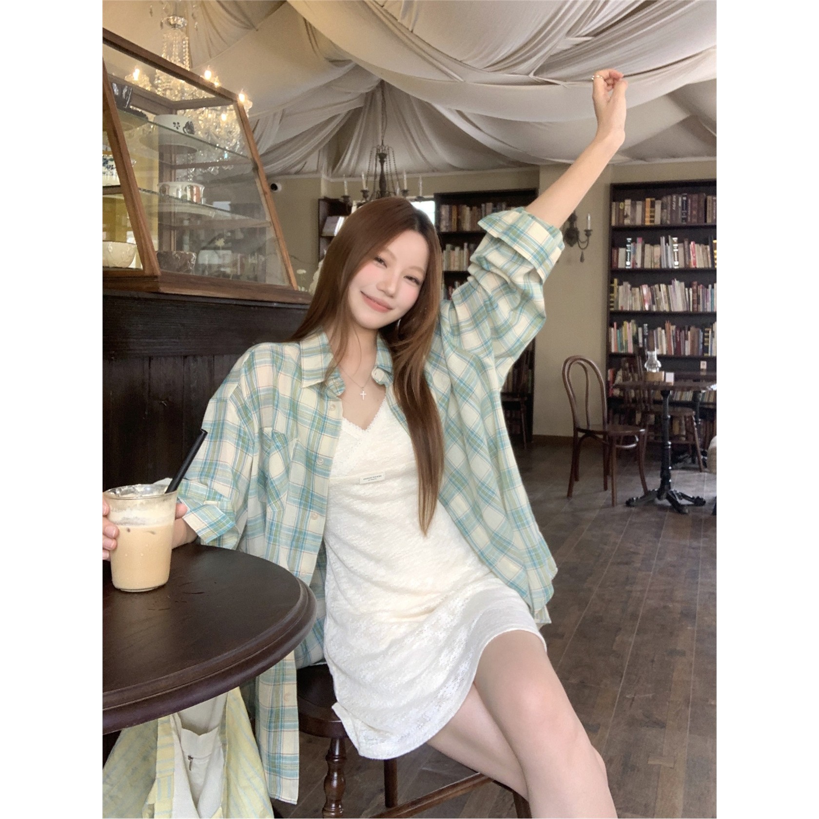 绿色格纹翻领长袖衬衫女