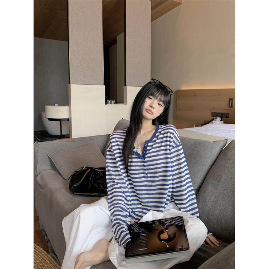 蓝白条纹宽松长袖T恤女夏