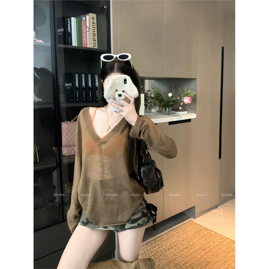 薄款透视v领针织衫女春夏