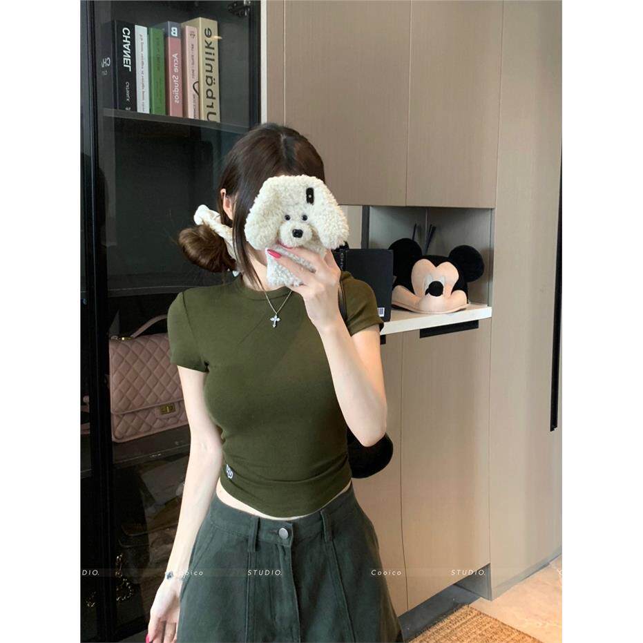 军绿色修身短袖t恤女2026