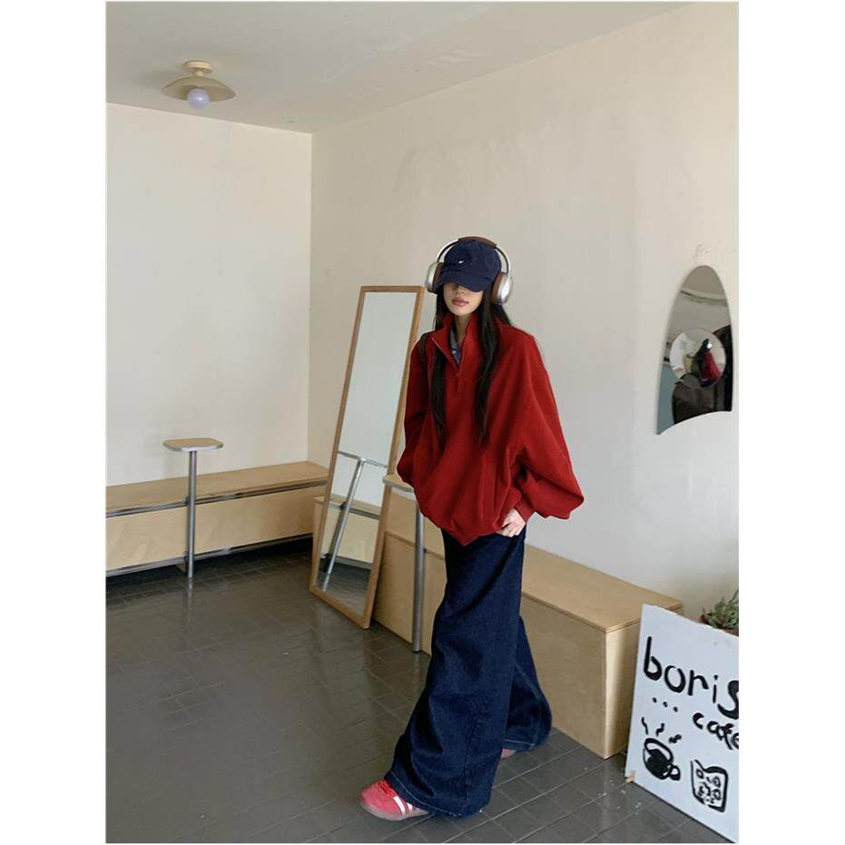 慵懒风休闲红色立领卫衣女秋季2025新款宽松加厚显瘦百搭套头上衣