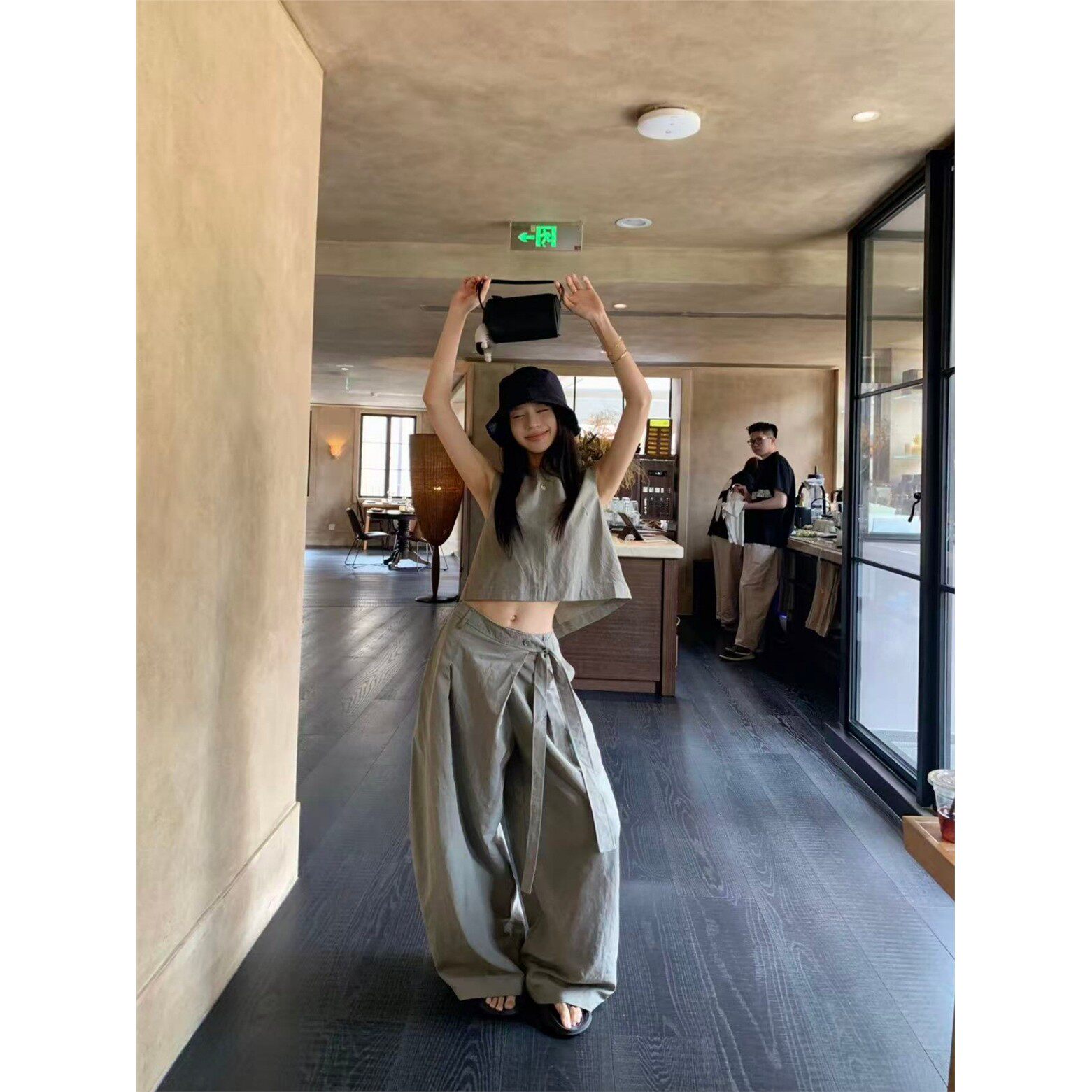 松弛感衬衫绑带阔腿裤202