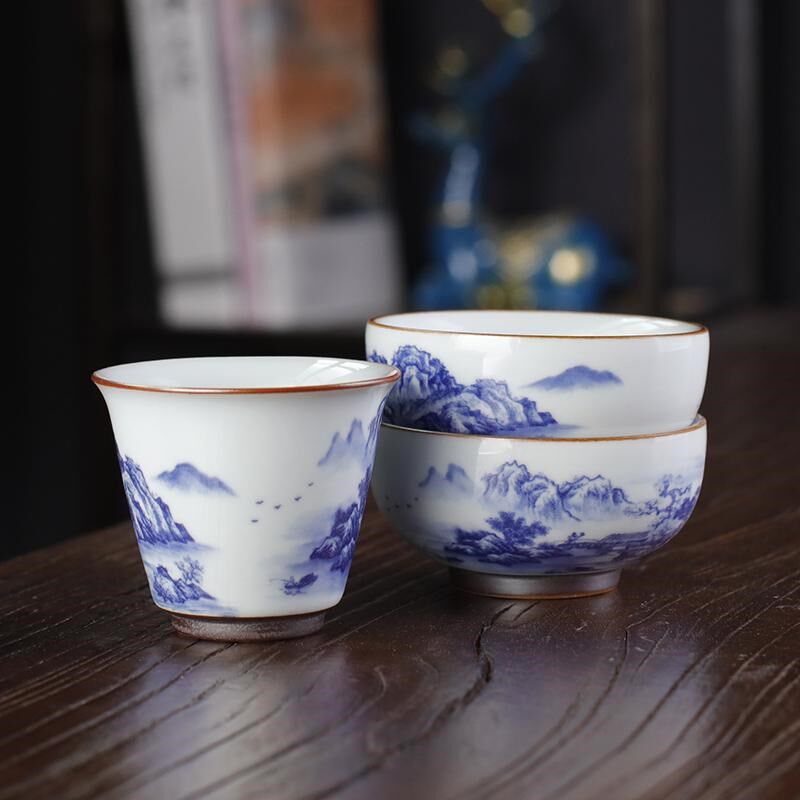 青花瓷功夫茶杯套装10只6个喝茶杯子仿古官窑陶瓷轻奢小茶具品茗
