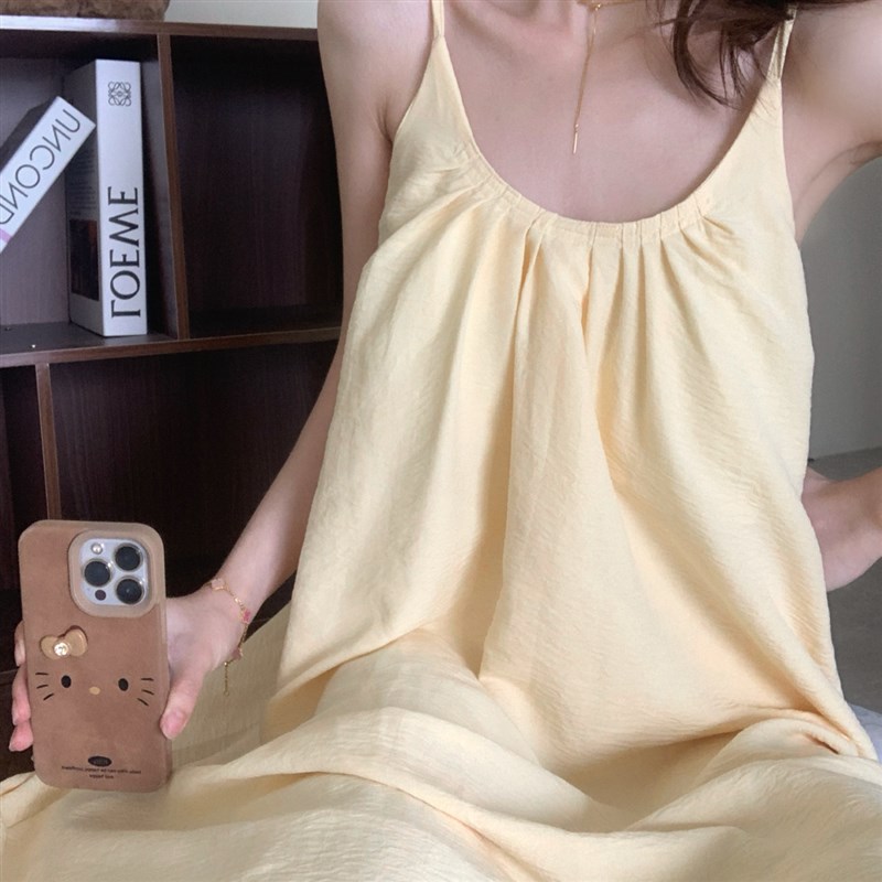 可外穿法式纯色带胸垫睡裙女款2026新款夏季棉绸睡衣吊带长裙夏天