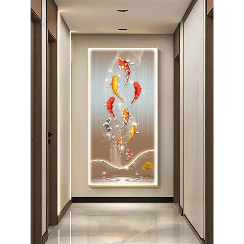现代简约入户玄关装饰画轻奢风九鱼图走廊过道尽头挂画背景墙壁画