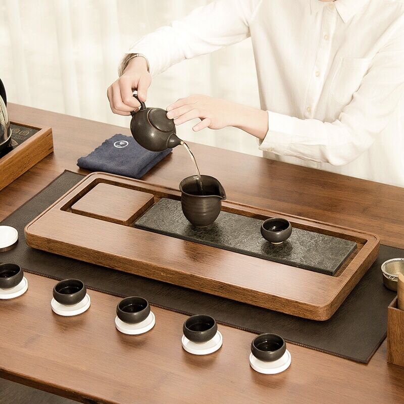 乌金石头茶盘排水简约功夫茶具套装重竹茶台轻奢现代实木家用茶海