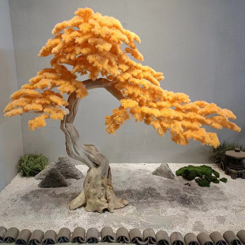新中式彷真迎客松黄色叶子松树造型假树室内外景观摆件装饰树