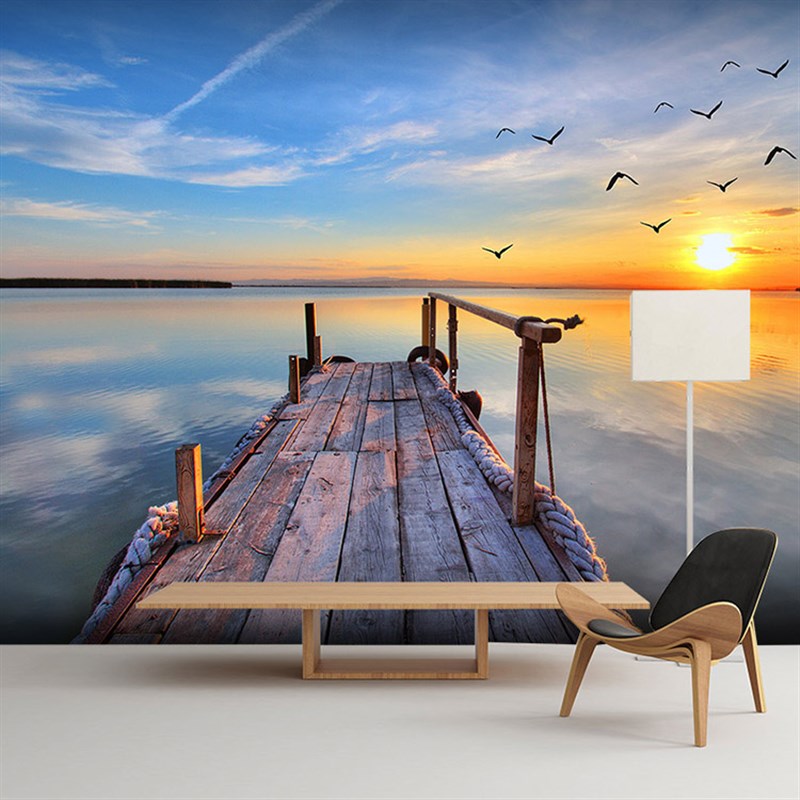 5d大型3d立体墙纸海景海滩风景画壁画客厅沙发电视背景墙壁布椰树