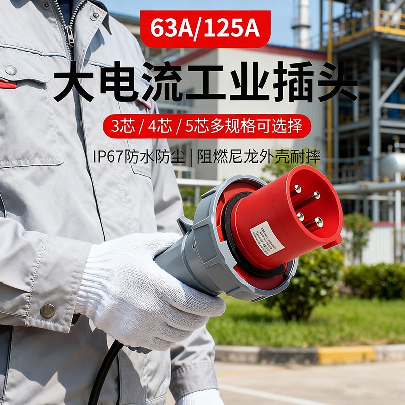 大电流工业插头63A/125A三芯4芯5芯防水防尘阻燃耐摔IP67航空插头