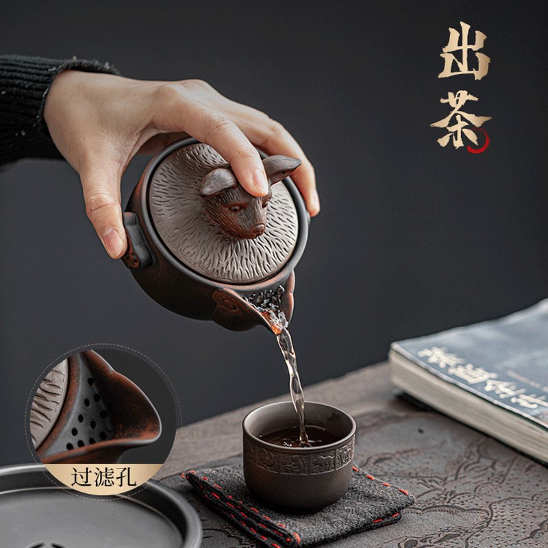 轻奢便携式旅行茶具简约高档十二生肖茶壶快客茶杯紫砂一壶两杯