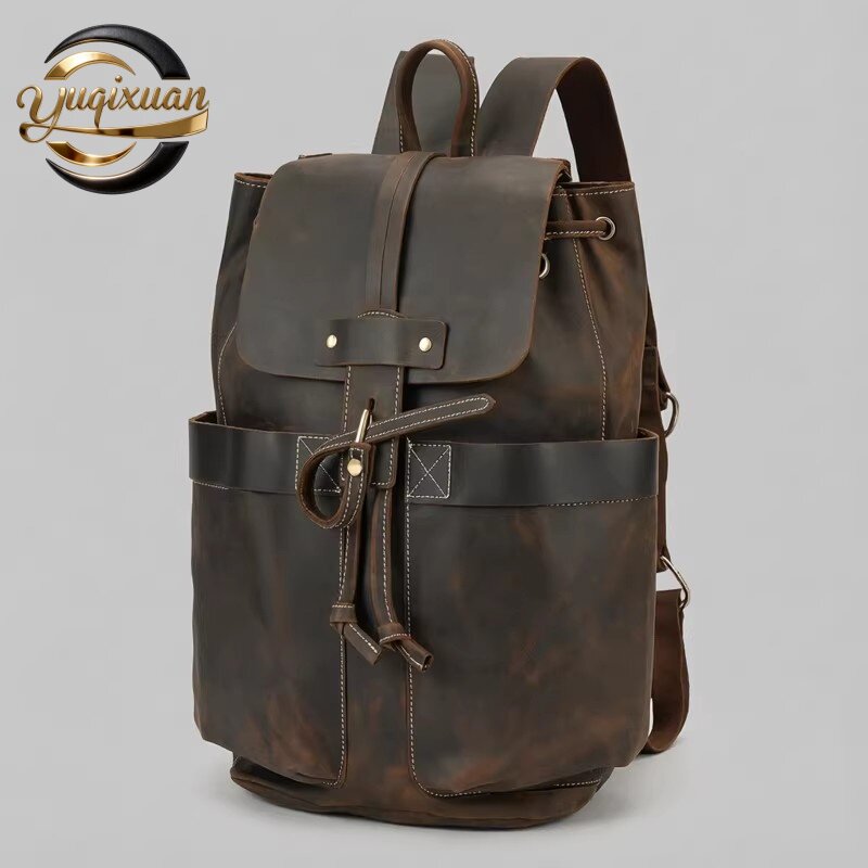 yuqixuan男士真皮背包疯马皮男式双肩包通勤翻盖抽带背包学生书包