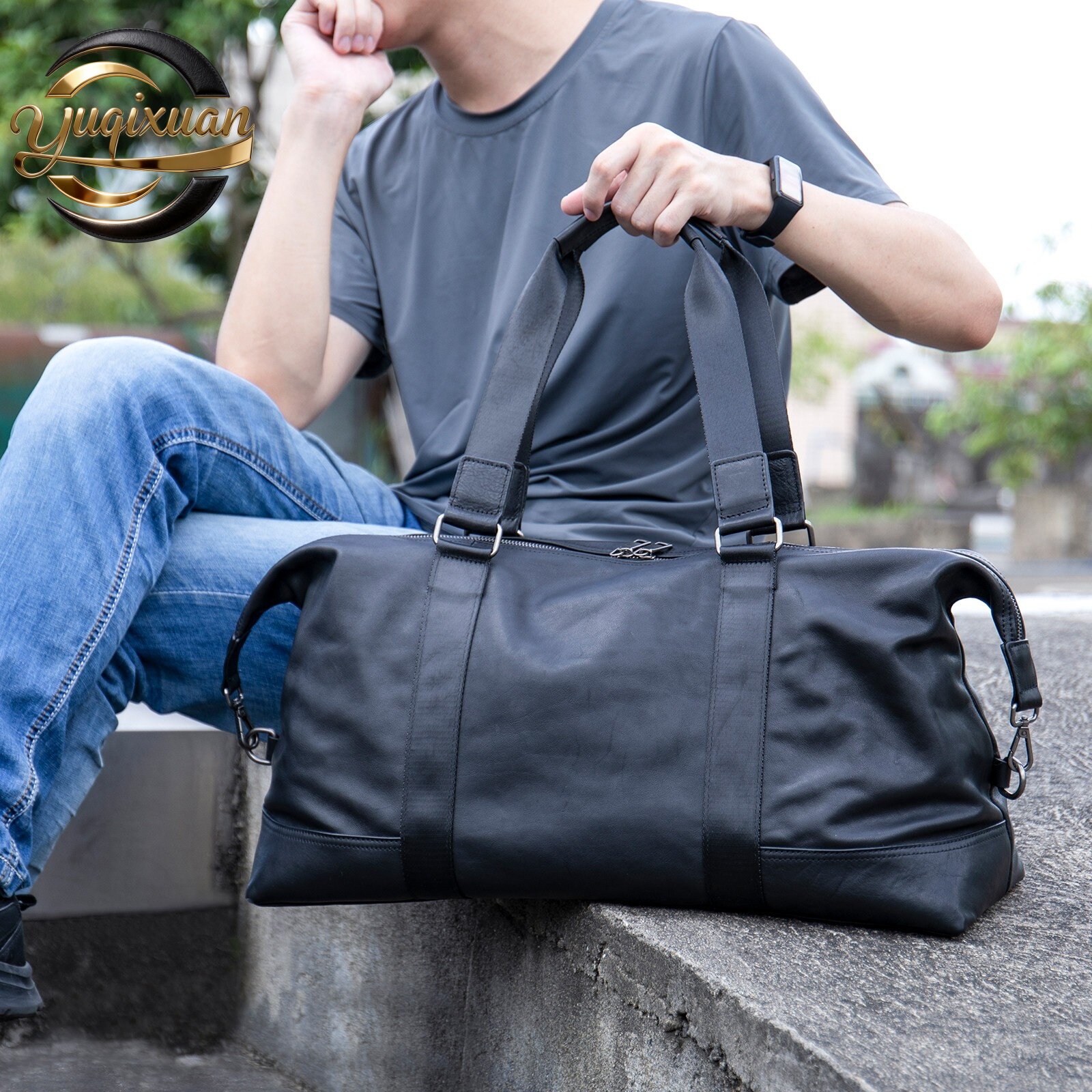 yuqixuan真皮旅行包男大容量牛皮手提包出差健身包黑色休闲行李袋