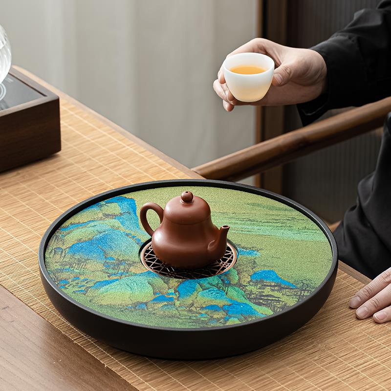 陶瓷茶盘家用复古干泡茶台荷叶储排水茶具套装办公室乌金石盘圆形