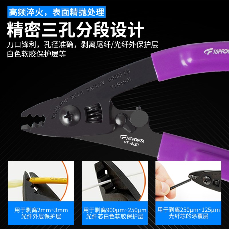 拓伏锐FT-6207 光纤剥线钳三口米勒钳三段式剥纤钳皮线光缆开剥器