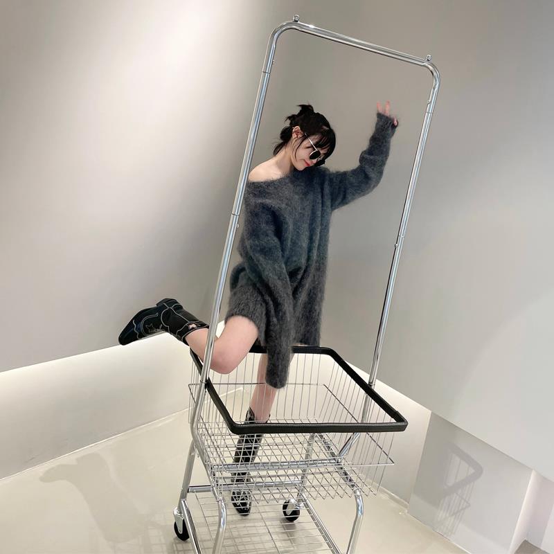 服装店展示陈列架金属简约落地挂衣架可移动推车购物筐置物架收纳