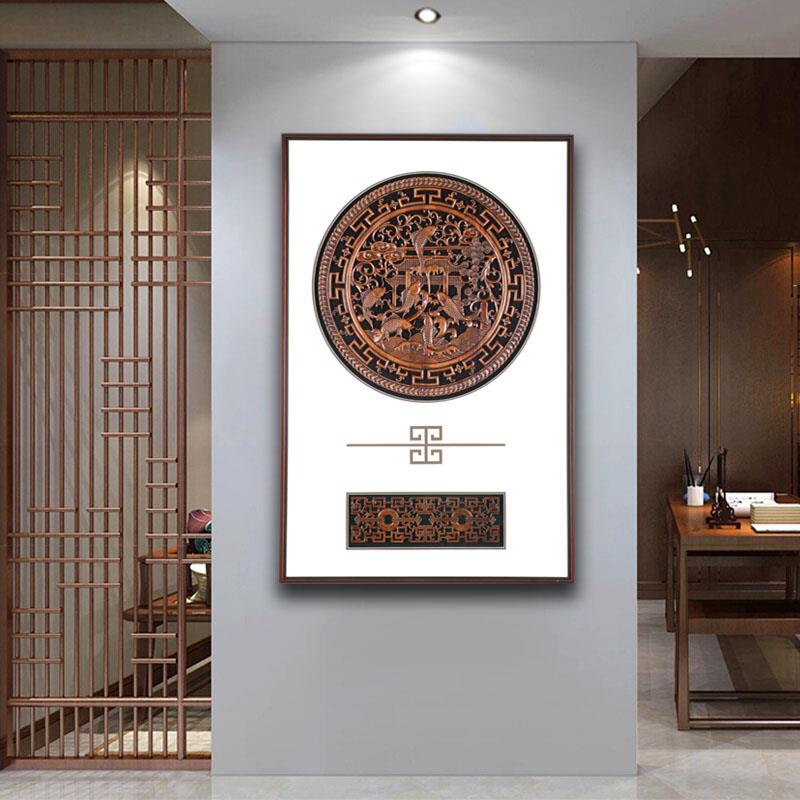 新中式玄关装饰画东阳木雕挂画3d立体浮雕餐茶室壁画竖版牡丹九鱼
