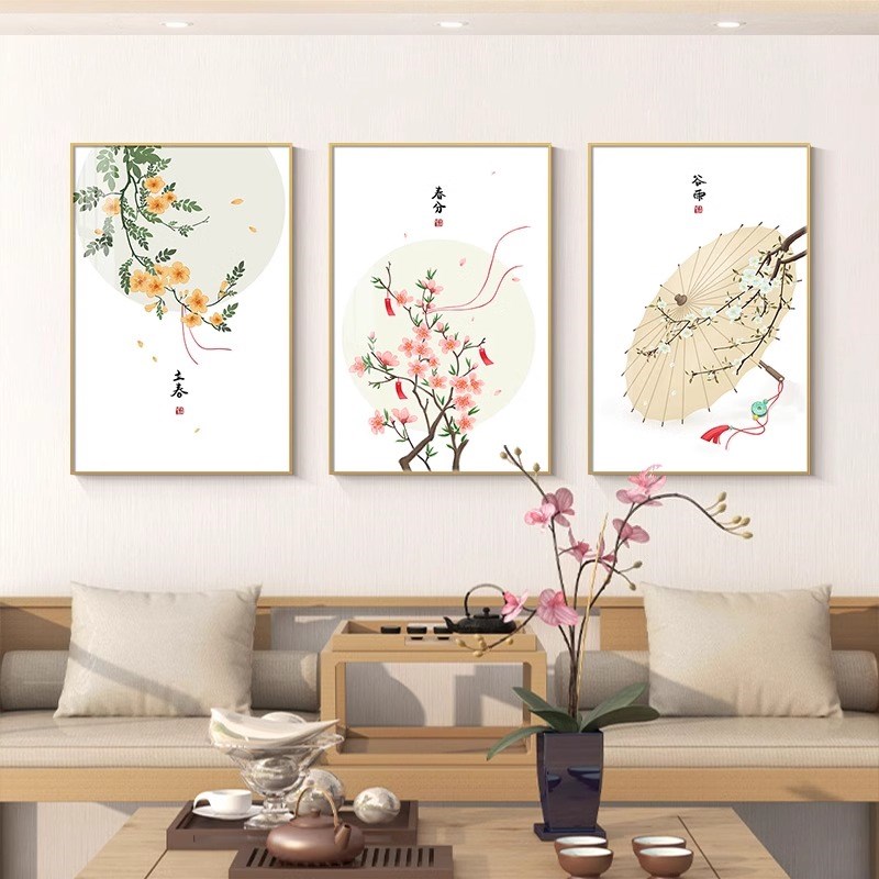 禅意新中式客厅装饰画中国风沙发背景墙挂画寓意好三联画新款壁画