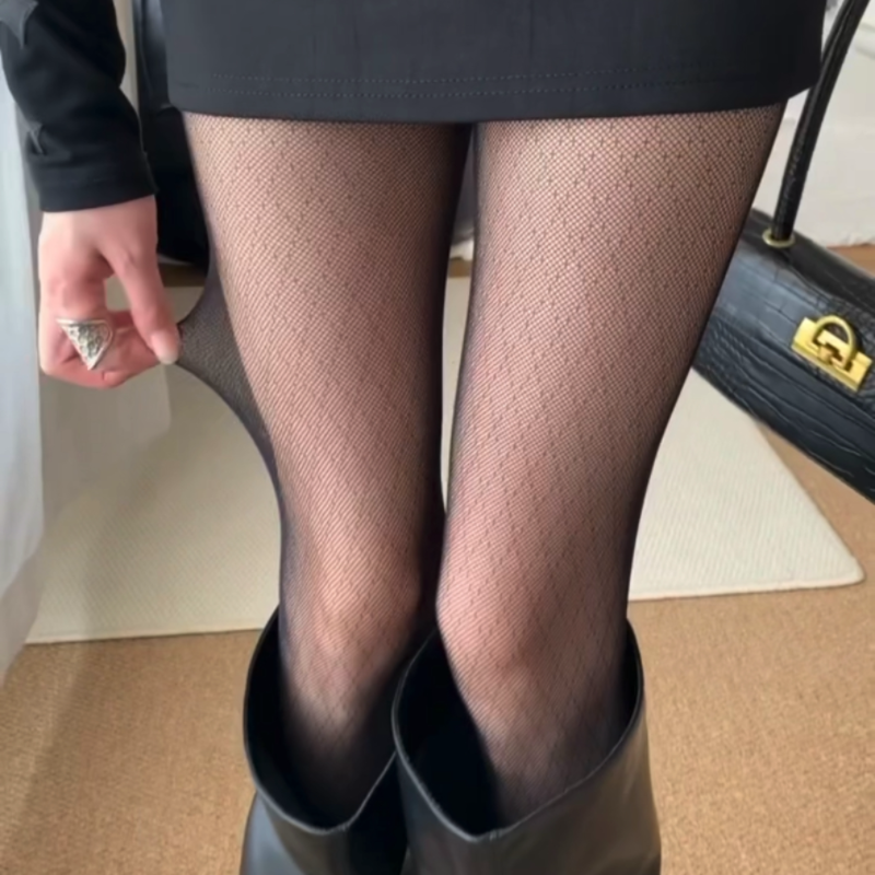 黑丝袜女菱格连袜裤春夏季高透性感网袜显瘦菱形格灰色丝袜防勾丝