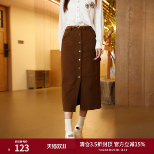 西町村屋半身裙女装秋季单排扣开叉复古通勤长款A字裙HC8410268