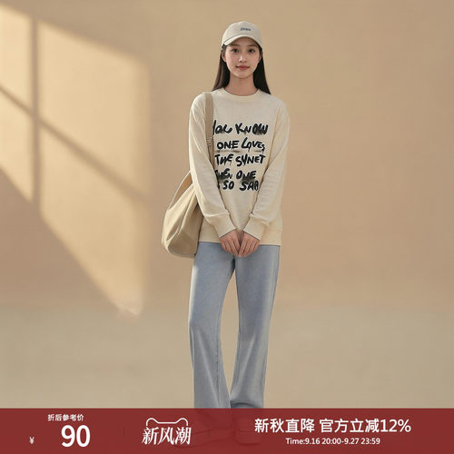 西町村屋针织印花圆领长袖T恤女装春季新款休闲宽松小衫AA9106002