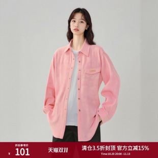 西町村屋衬衫女2023冬设计感口袋粉色厚炒翻领长袖衬衣AD8103005