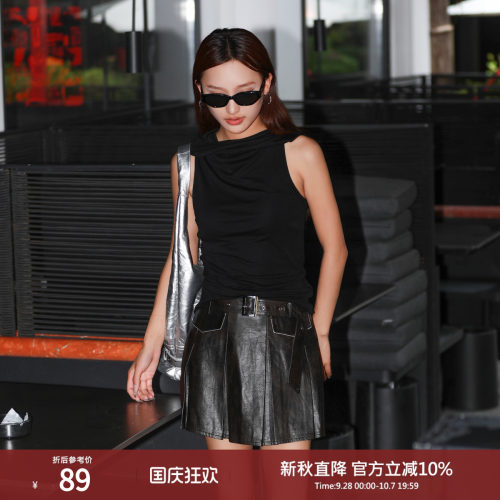 西町村屋休闲感连帽无袖T恤女夏季新款简约修身纯色上衣XA9B10026