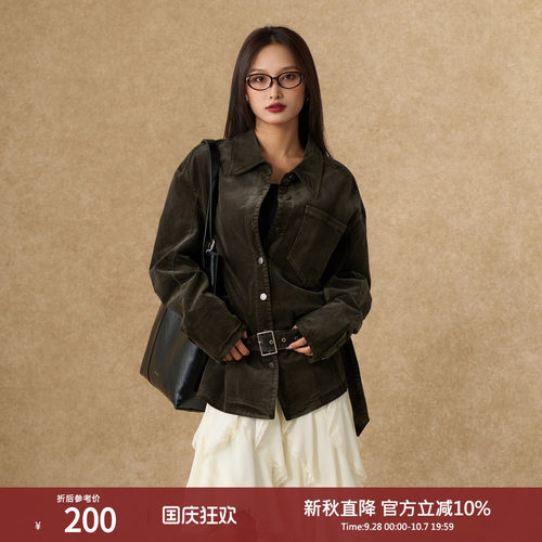 西町村屋灯芯绒外套女2025秋季新款重水洗下摆系带上衣XAAC10365
