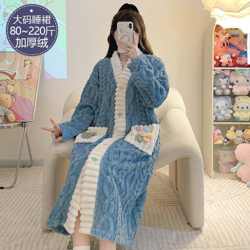 睡袍女秋冬季珊瑚绒加厚加绒法兰绒长款浴袍睡裙加大码睡衣家居服